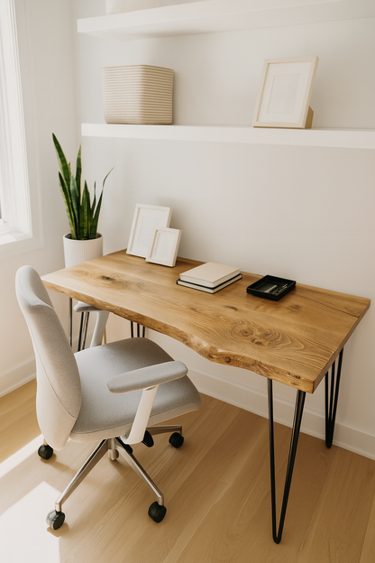 Live / Waney Edge Study Desk / Table With Metal Hairpin Legs