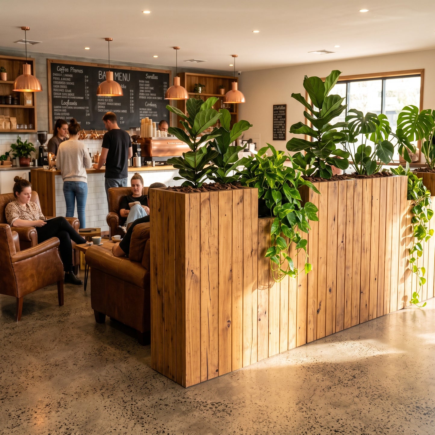 Solid Wood Slatted Planter Box / Tall Indoor Plant Divider For Cafe and Restaurants