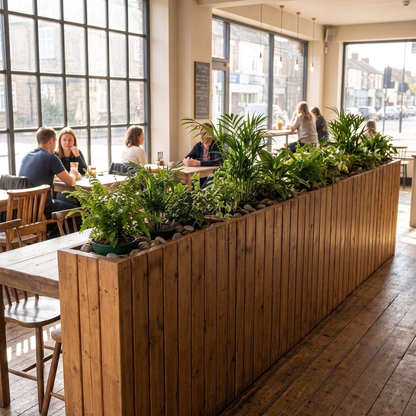Solid Wood Slatted Planter Box / Tall Indoor Plant Divider For Cafe and Restaurants