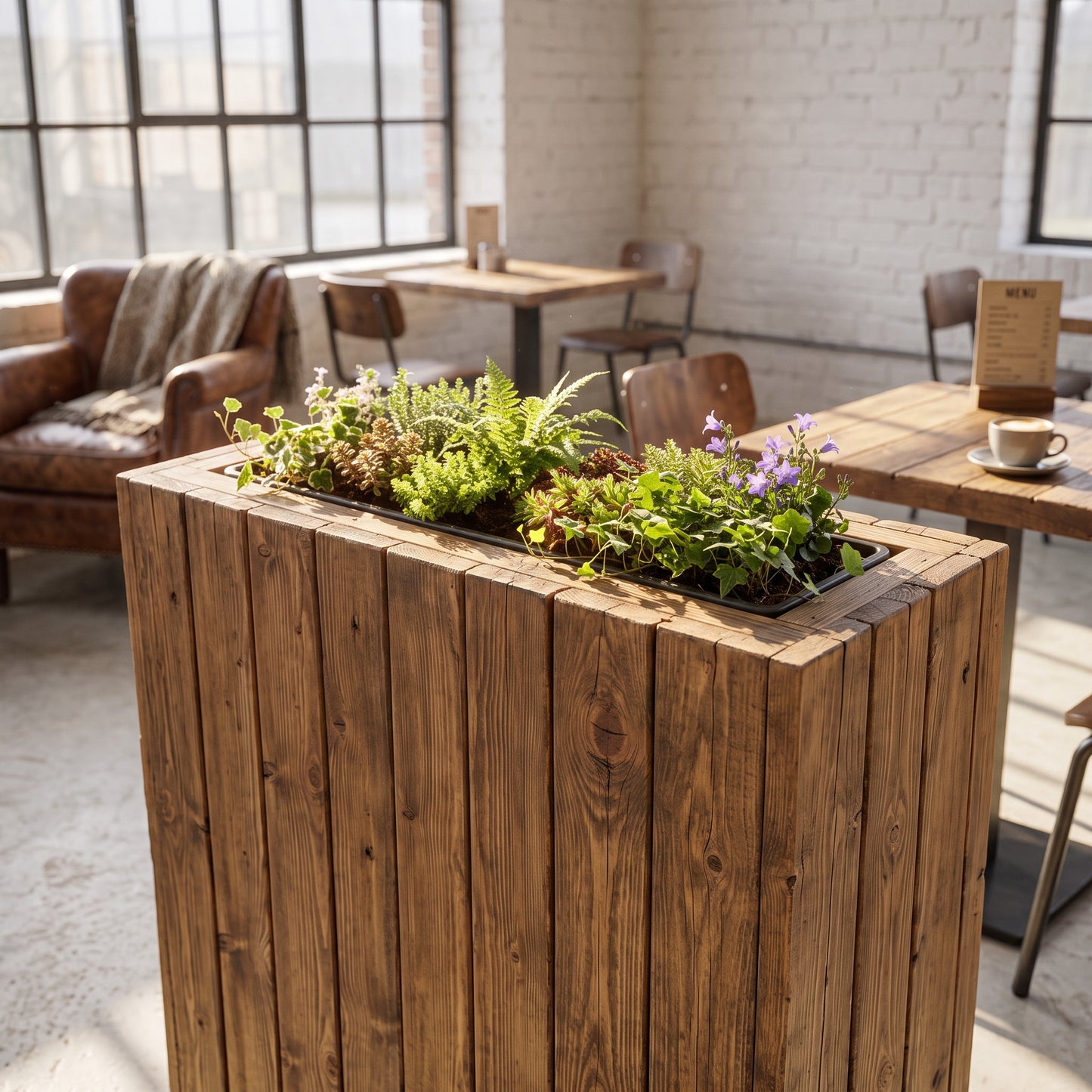 Solid Wood Slatted Planter Box / Tall Indoor Plant Divider For Cafe and Restaurants