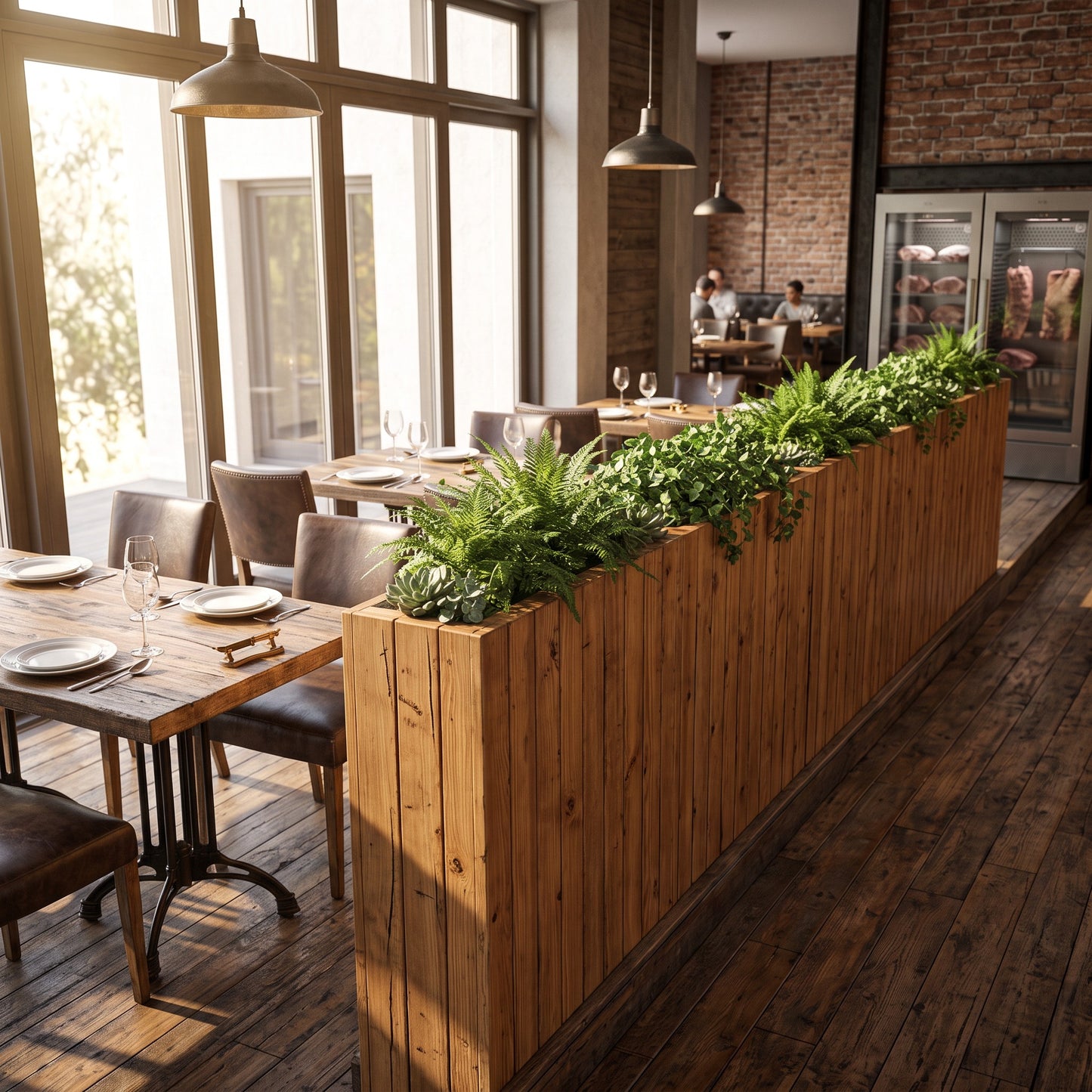 Solid Wood Slatted Planter Box / Tall Indoor Plant Divider For Cafe and Restaurants
