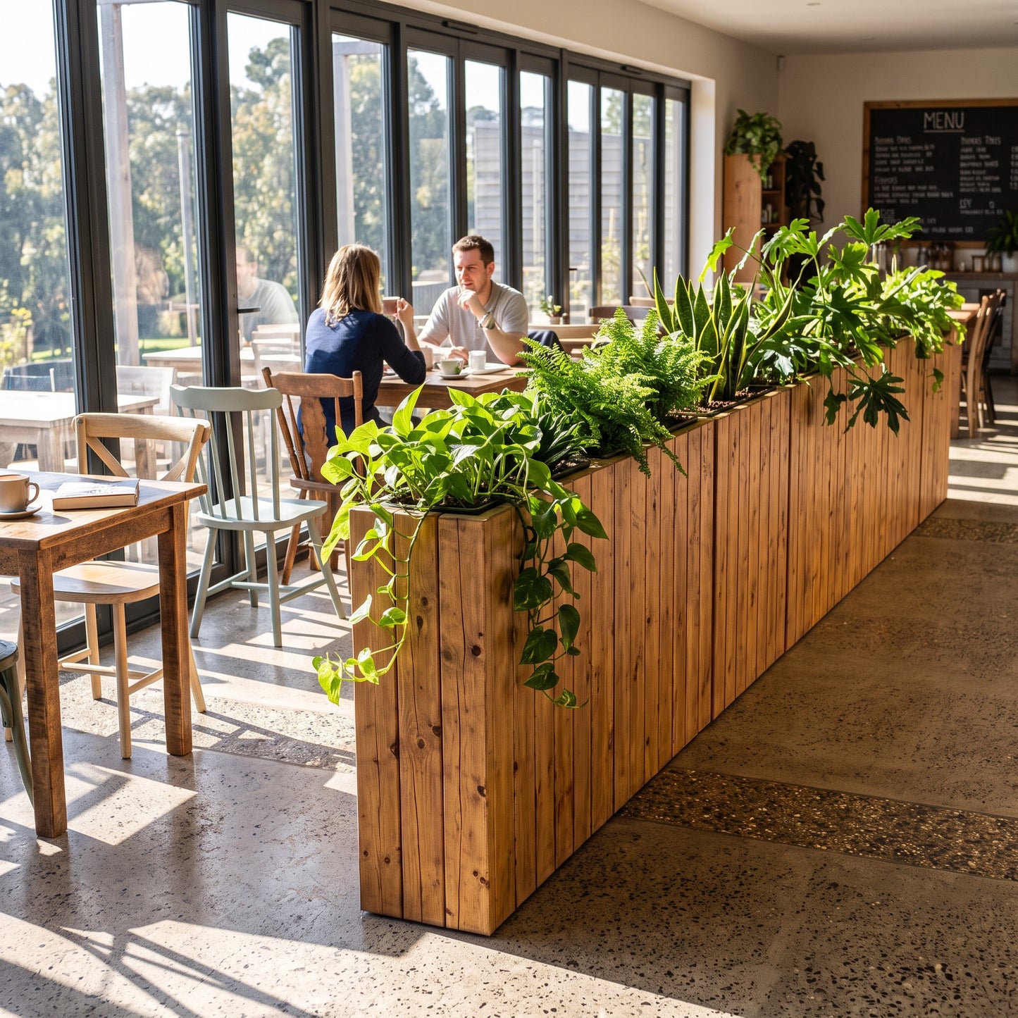 Solid Wood Slatted Planter Box / Tall Indoor Plant Divider For Cafe and Restaurants