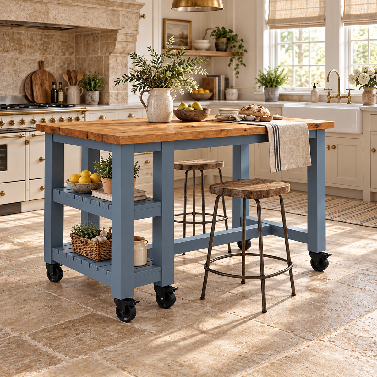 NORVIK Blue Cart On Wheels Solid Wood Kitchen Island With Shelf / Breakfast Bar