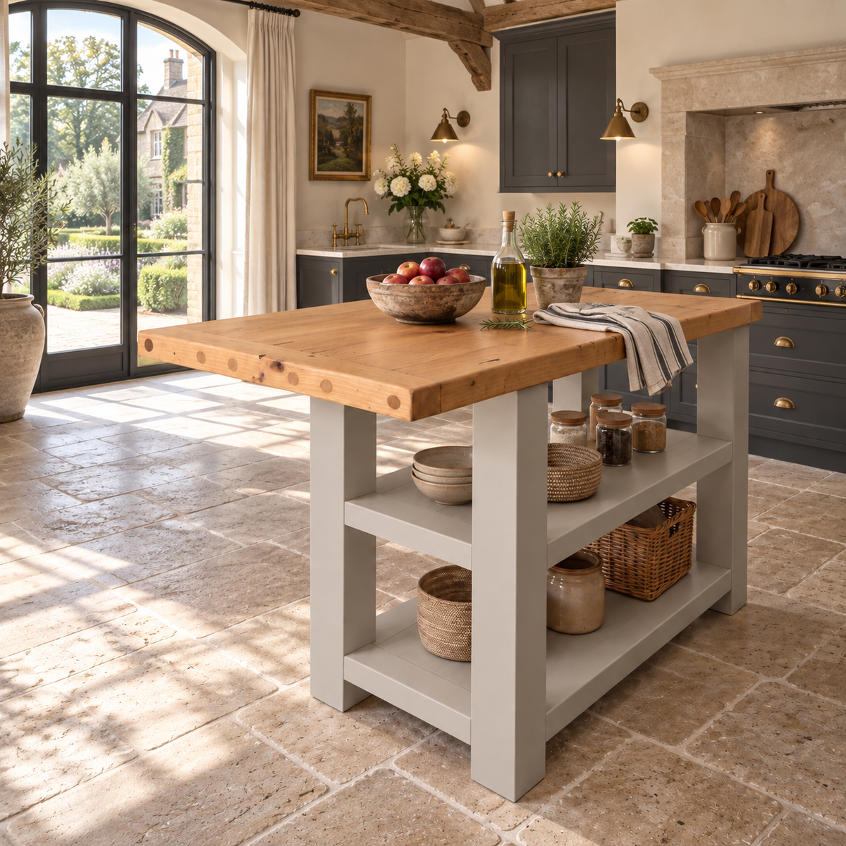 DUNSMERE Light Grey Kitchen Island With Overhang / Breakfast Bar / Rustic Island
