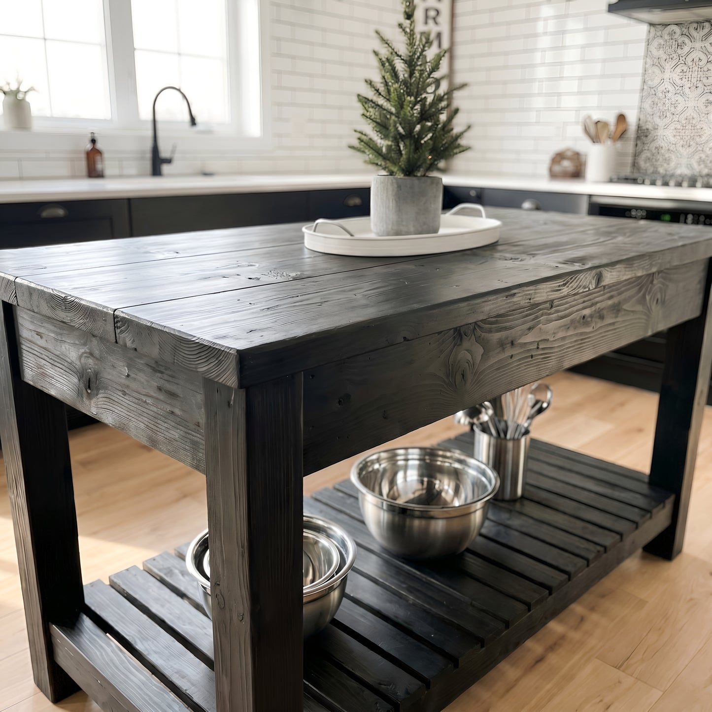 IRONSTEAD Black Kitchen Island / Breakfast Bar / Rustic Black Stained Island