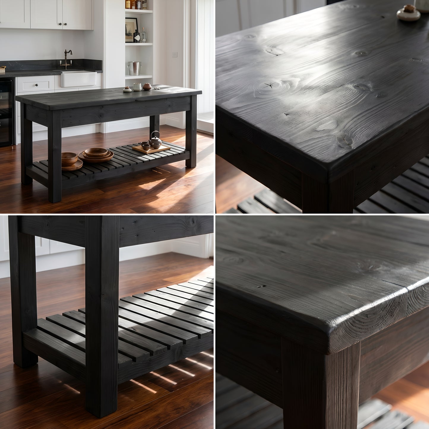 IRONSTEAD Black Kitchen Island / Breakfast Bar / Rustic Black Stained Island