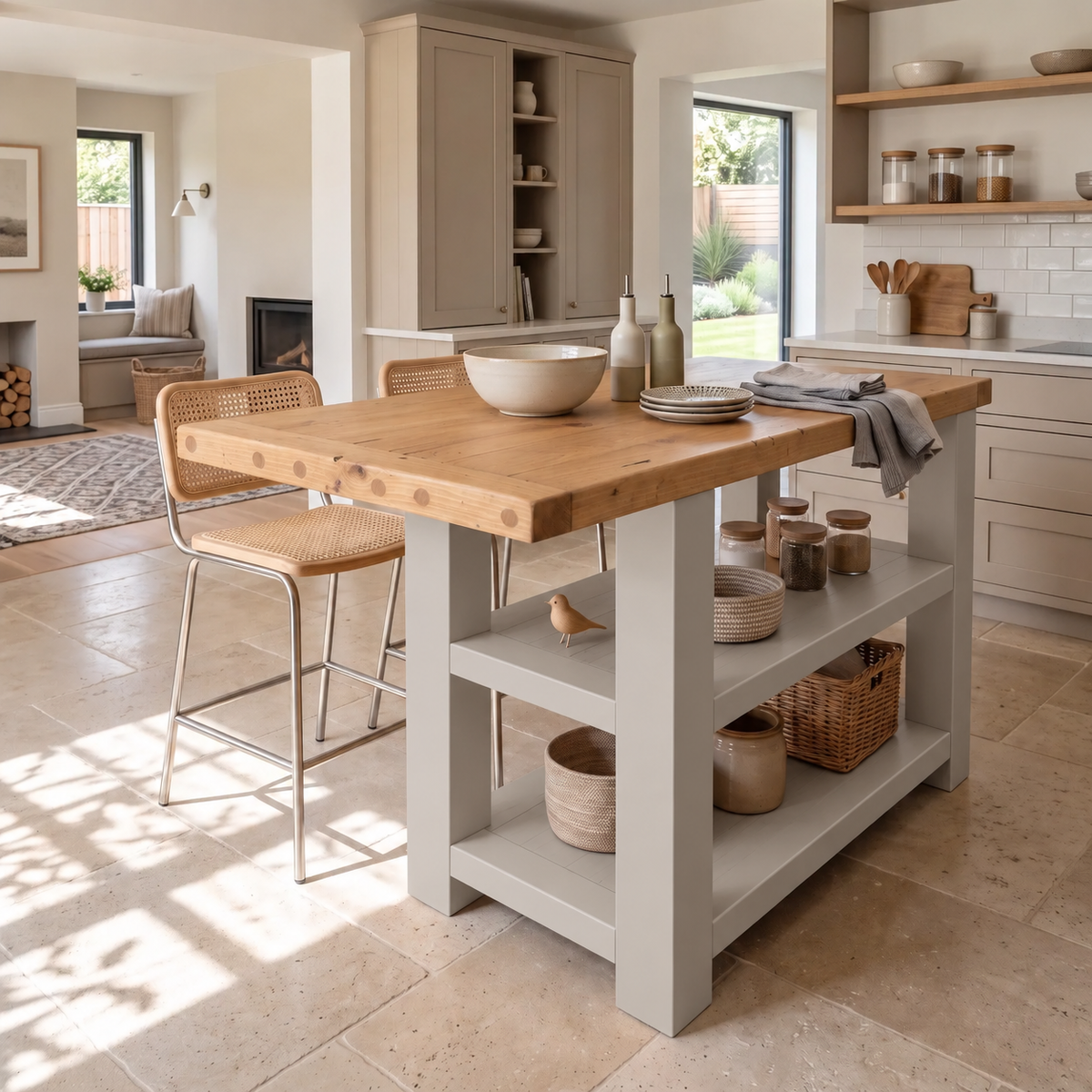 DUNSMERE Light Grey Kitchen Island With Overhang / Breakfast Bar / Rustic Island