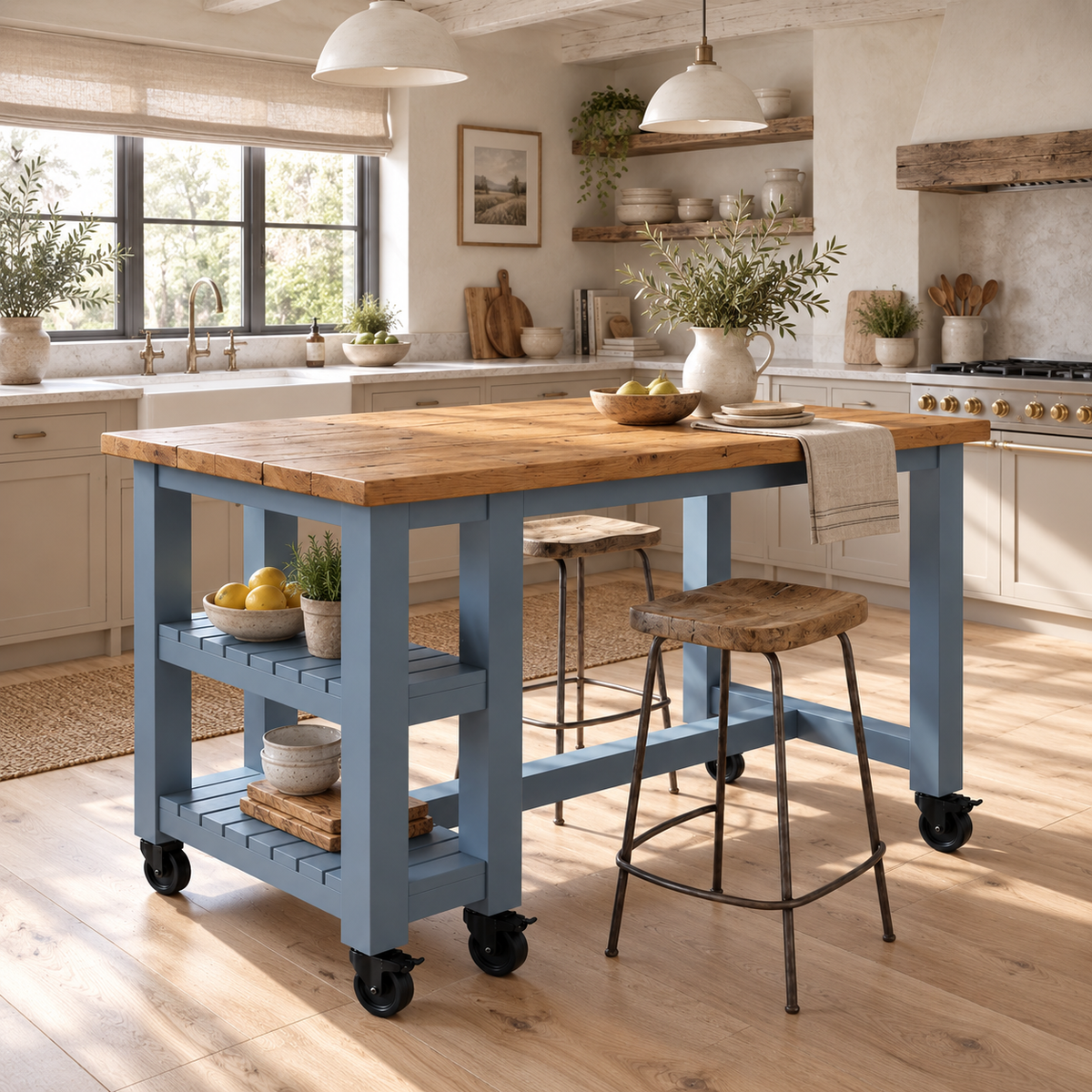 NORVIK Blue Cart On Wheels Solid Wood Kitchen Island With Shelf / Breakfast Bar