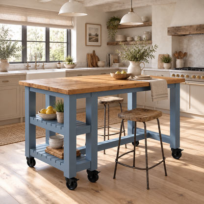 NORVIK Blue Cart On Wheels Solid Wood Kitchen Island With Shelf / Breakfast Bar