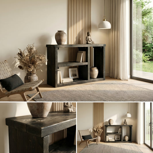 Ivara Black Wooden Bookshelf / Storage Shelf / Living Room Storage / Shoe Storage Rustic Solid Wood Book Shelf