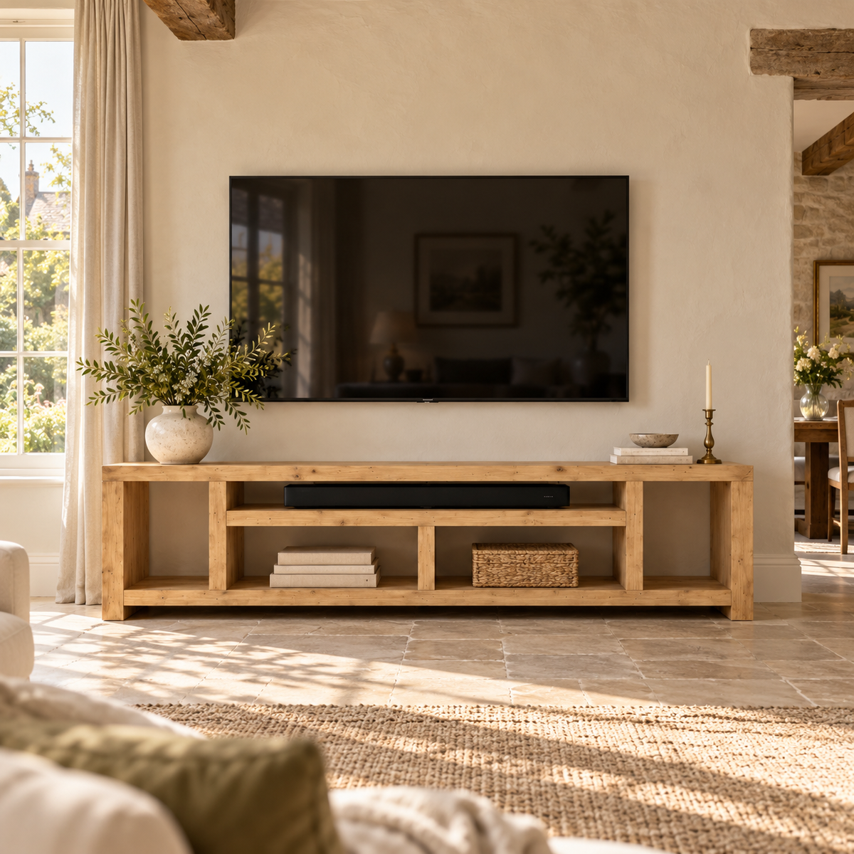 IVERSON Light Oak Colour 3 Tier Solid Wood Tv Unit / Solid Wood / Rustic TV Stand