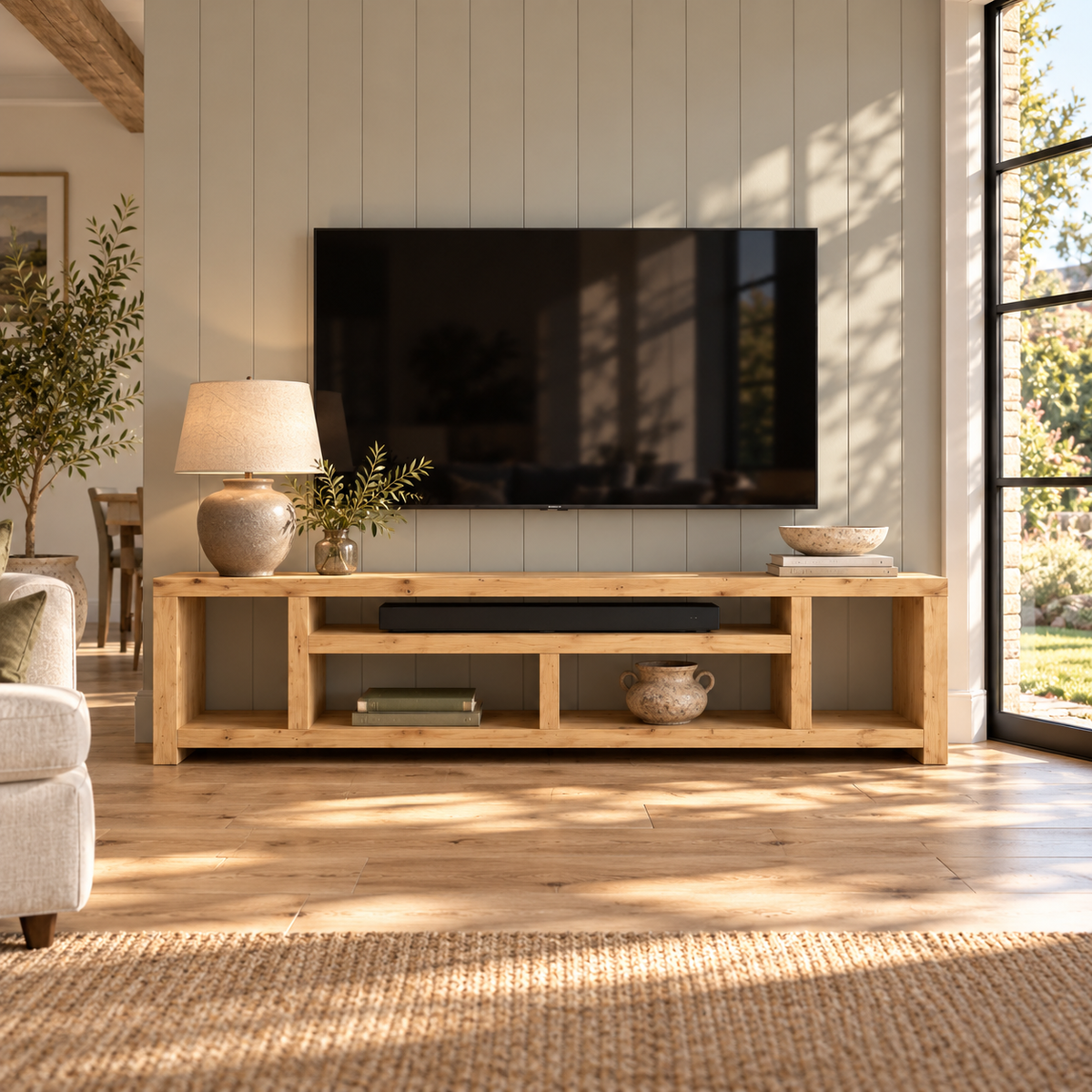 IVERSON Light Oak Colour 3 Tier Solid Wood Tv Unit / Solid Wood / Rustic TV Stand