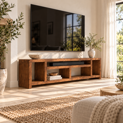 IVERSON Walnut Colour 3 Tier Solid Wood Tv Unit / Solid Wood / Rustic TV Stand