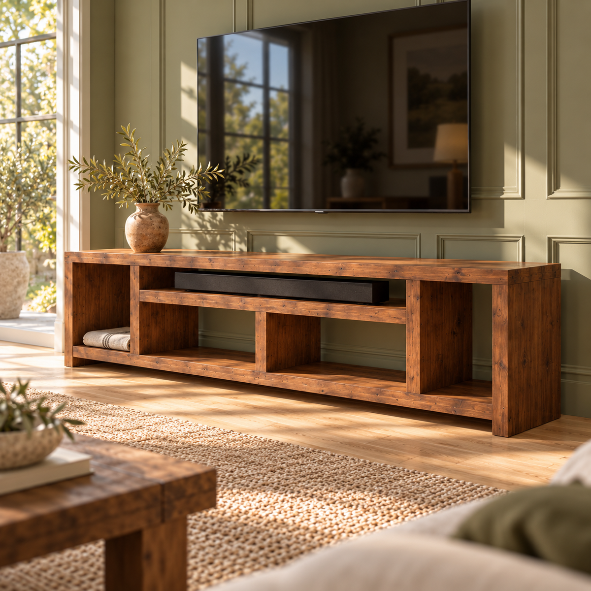 IVERSON Walnut Colour 3 Tier Solid Wood Tv Unit / Solid Wood / Rustic TV Stand