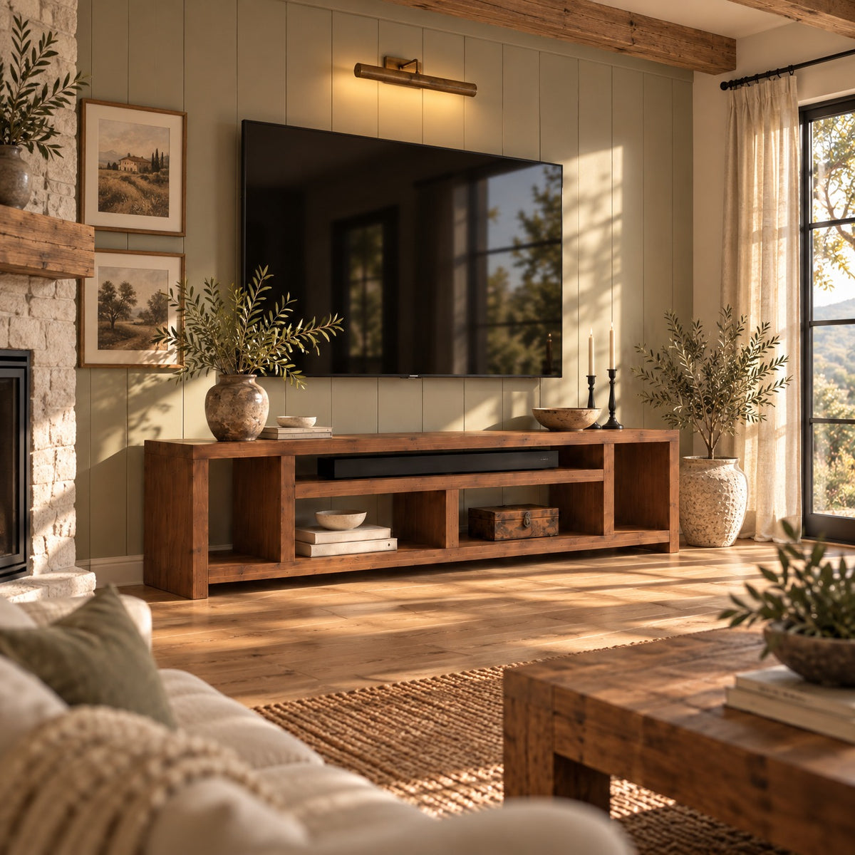 IVERSON Walnut Colour 3 Tier Solid Wood Tv Unit / Solid Wood / Rustic TV Stand
