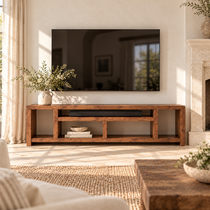 IVERSON Walnut Colour 3 Tier Solid Wood Tv Unit / Solid Wood / Rustic TV Stand