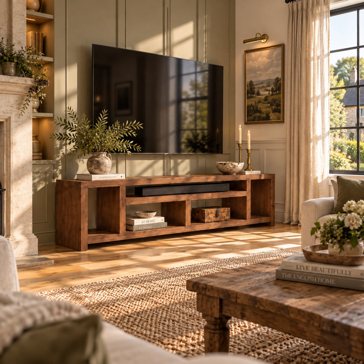 IVERSON Walnut Colour 3 Tier Solid Wood Tv Unit / Solid Wood / Rustic TV Stand