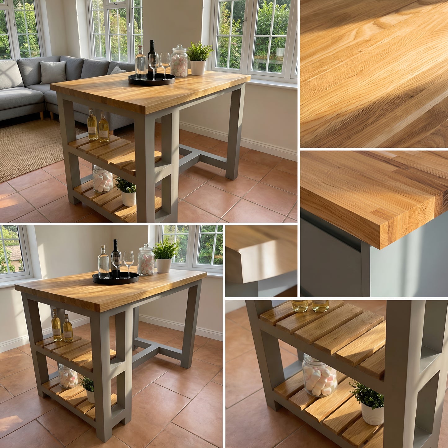 JENSON Solid Oak Top Kitchen Island With Shelf / Breakfast Bar / Grey Painted