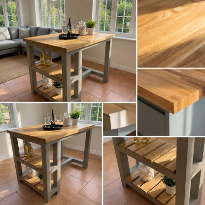 JENSON Solid Oak Top Kitchen Island With Shelf / Breakfast Bar / Grey Painted