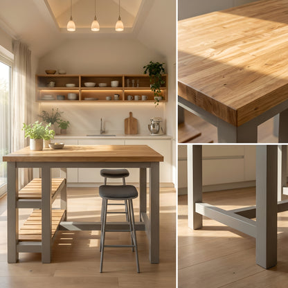 JENSON Solid Oak Top Kitchen Island With Shelf / Breakfast Bar / Grey Painted