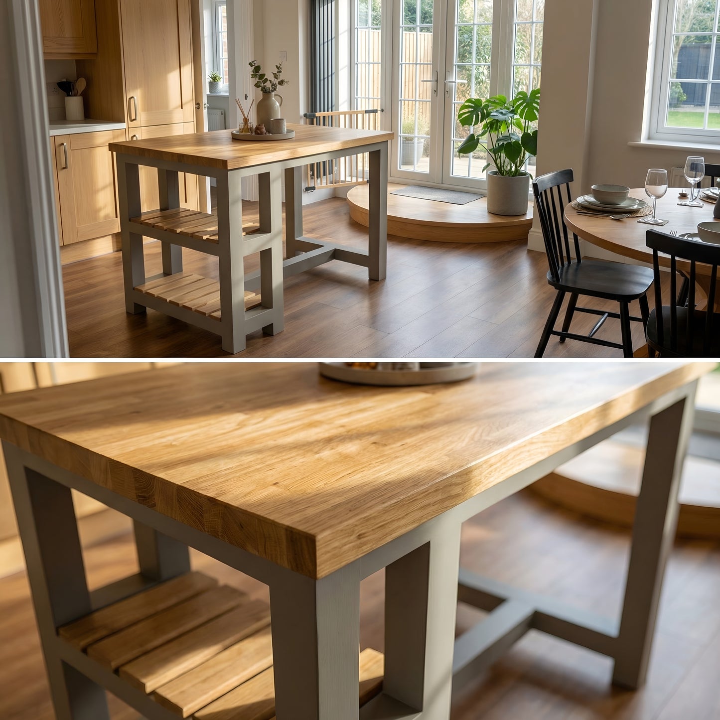 JENSON Solid Oak Top Kitchen Island With Shelf / Breakfast Bar / Grey Painted