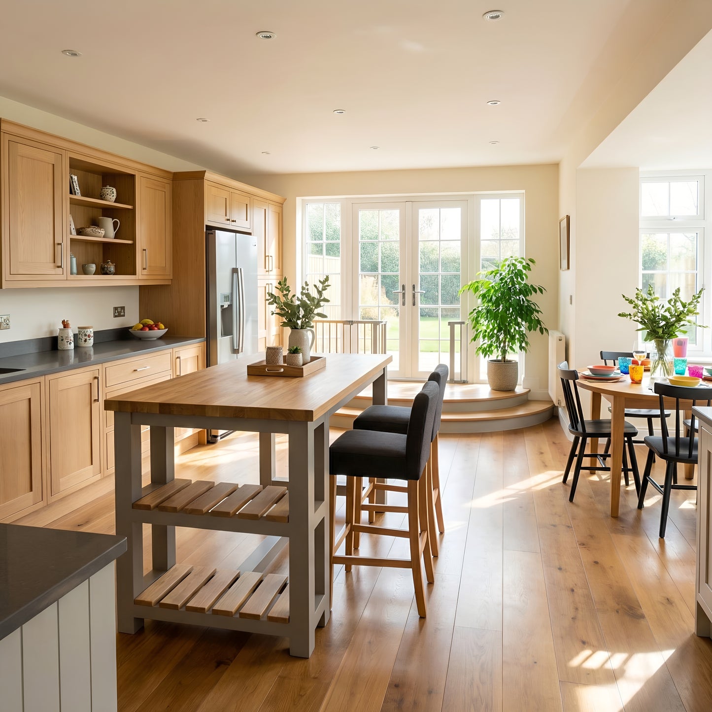 JENSON Solid Oak Top Kitchen Island With Shelf / Breakfast Bar / Grey Painted