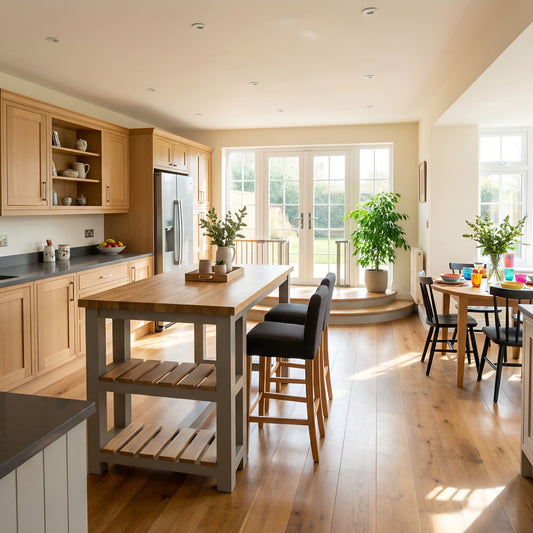 JENSON Solid Oak Top Kitchen Island With Shelf / Breakfast Bar / Grey Painted
