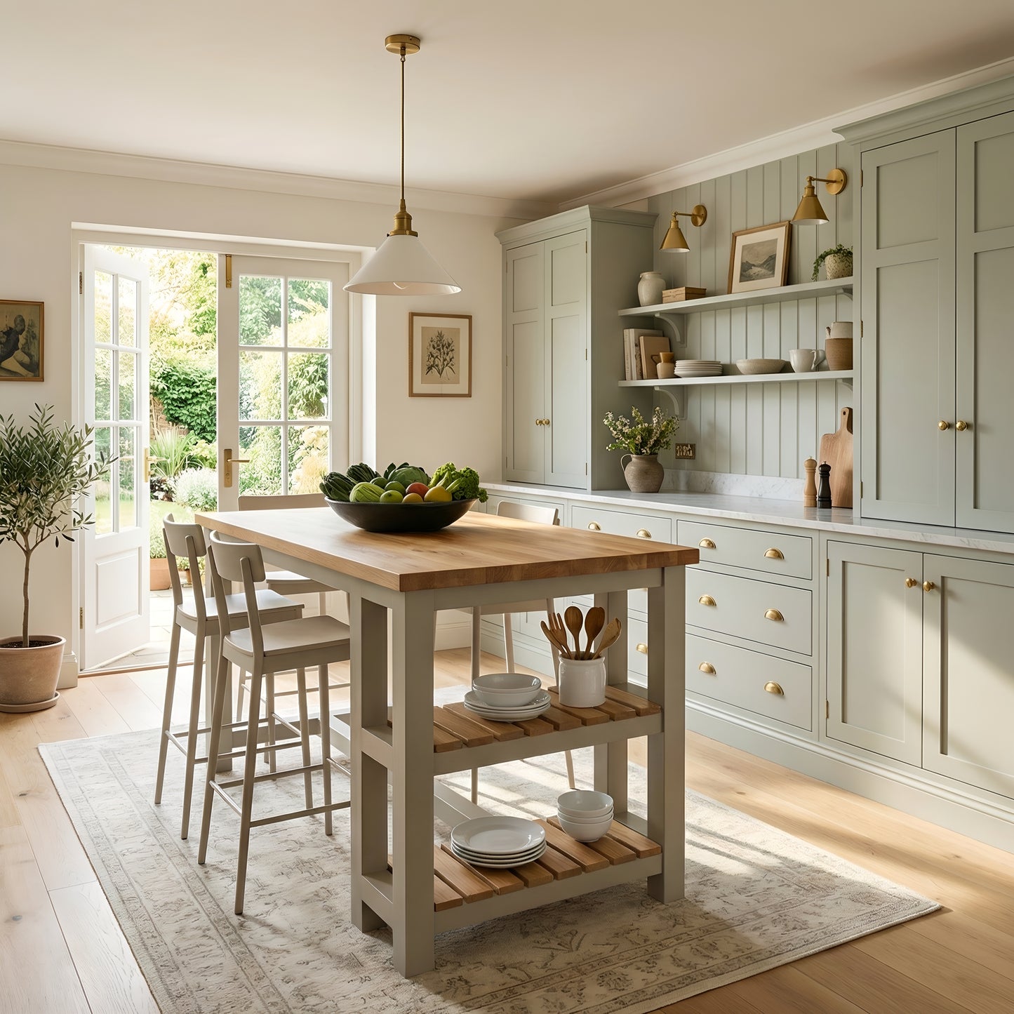 JENSON Solid Oak Top Kitchen Island With Shelf / Breakfast Bar / Grey Painted