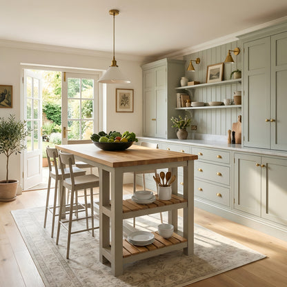 JENSON Solid Oak Top Kitchen Island With Shelf / Breakfast Bar / Grey Painted