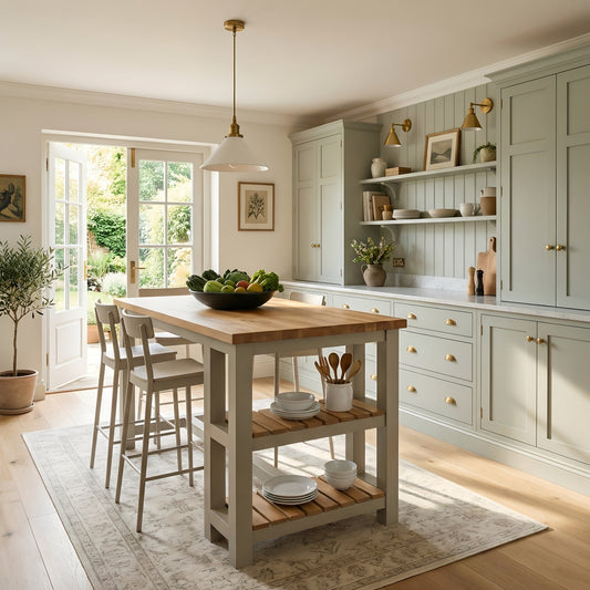 JENSON Solid Oak Top Kitchen Island With Shelf / Breakfast Bar / Grey Painted