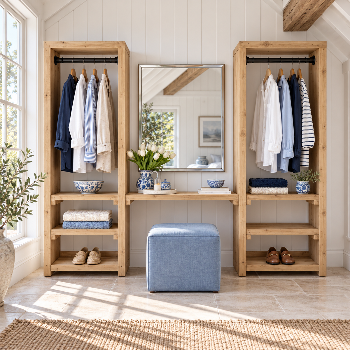 KENSWORTH Light Oak Colour Solid Wood Wardrobe With Make Up Table – Open Wardrobe, Dressing Table
