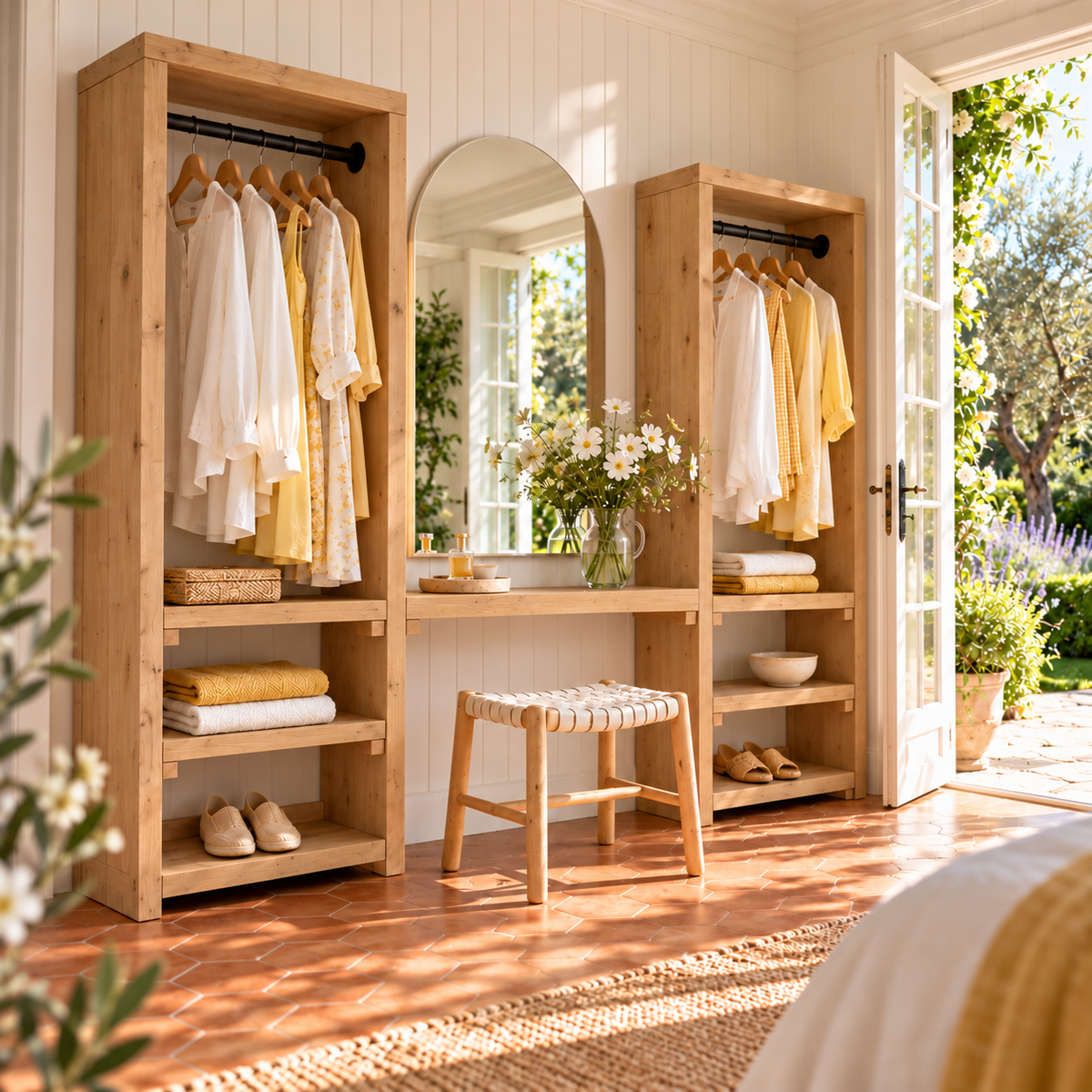 KENSWORTH Light Oak Colour Solid Wood Wardrobe With Make Up Table – Open Wardrobe, Dressing Table