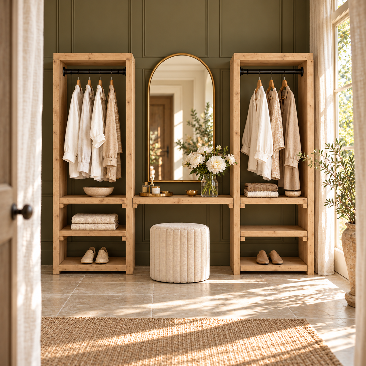 KENSWORTH Light Oak Colour Solid Wood Wardrobe With Make Up Table – Open Wardrobe, Dressing Table