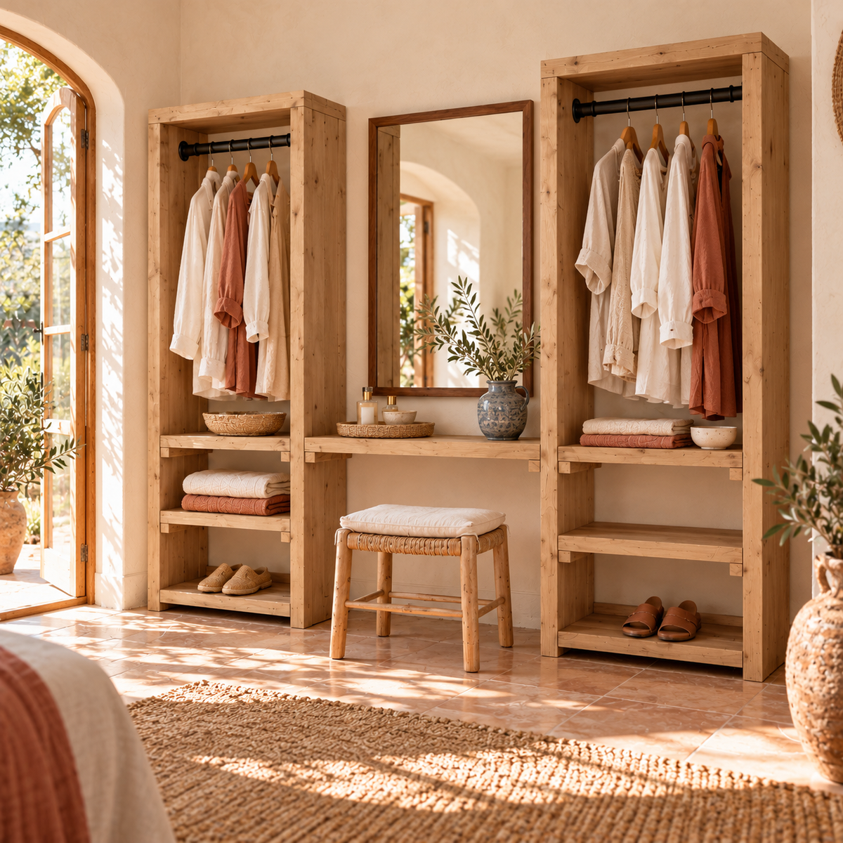 KENSWORTH Light Oak Colour Solid Wood Wardrobe With Make Up Table – Open Wardrobe, Dressing Table