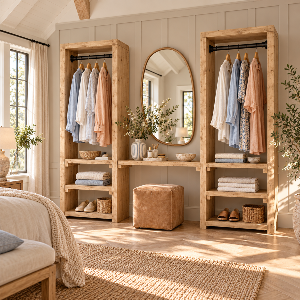 KENSWORTH Light Oak Colour Solid Wood Wardrobe With Make Up Table – Open Wardrobe, Dressing Table