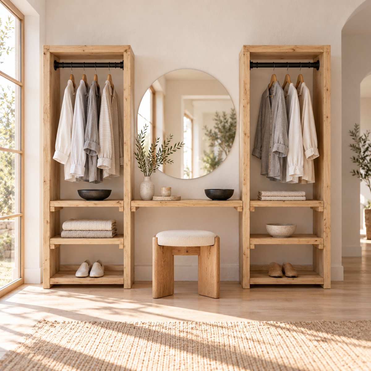 KENSWORTH Light Oak Colour Solid Wood Wardrobe With Make Up Table – Open Wardrobe, Dressing Table