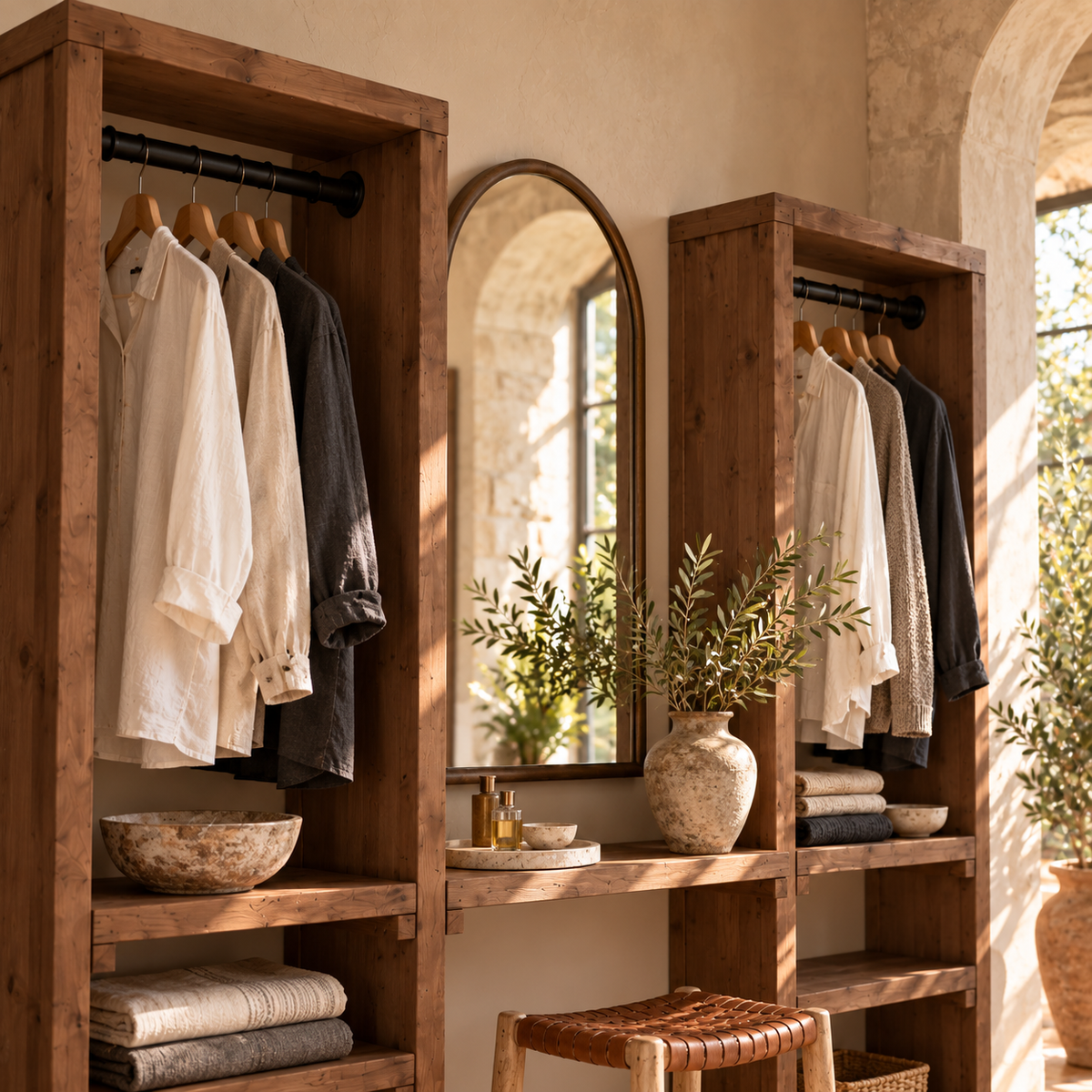 KENSWORTH Walnut Colour Solid Wood Wardrobe With Make Up Table – Open Wardrobe, Dressing Table