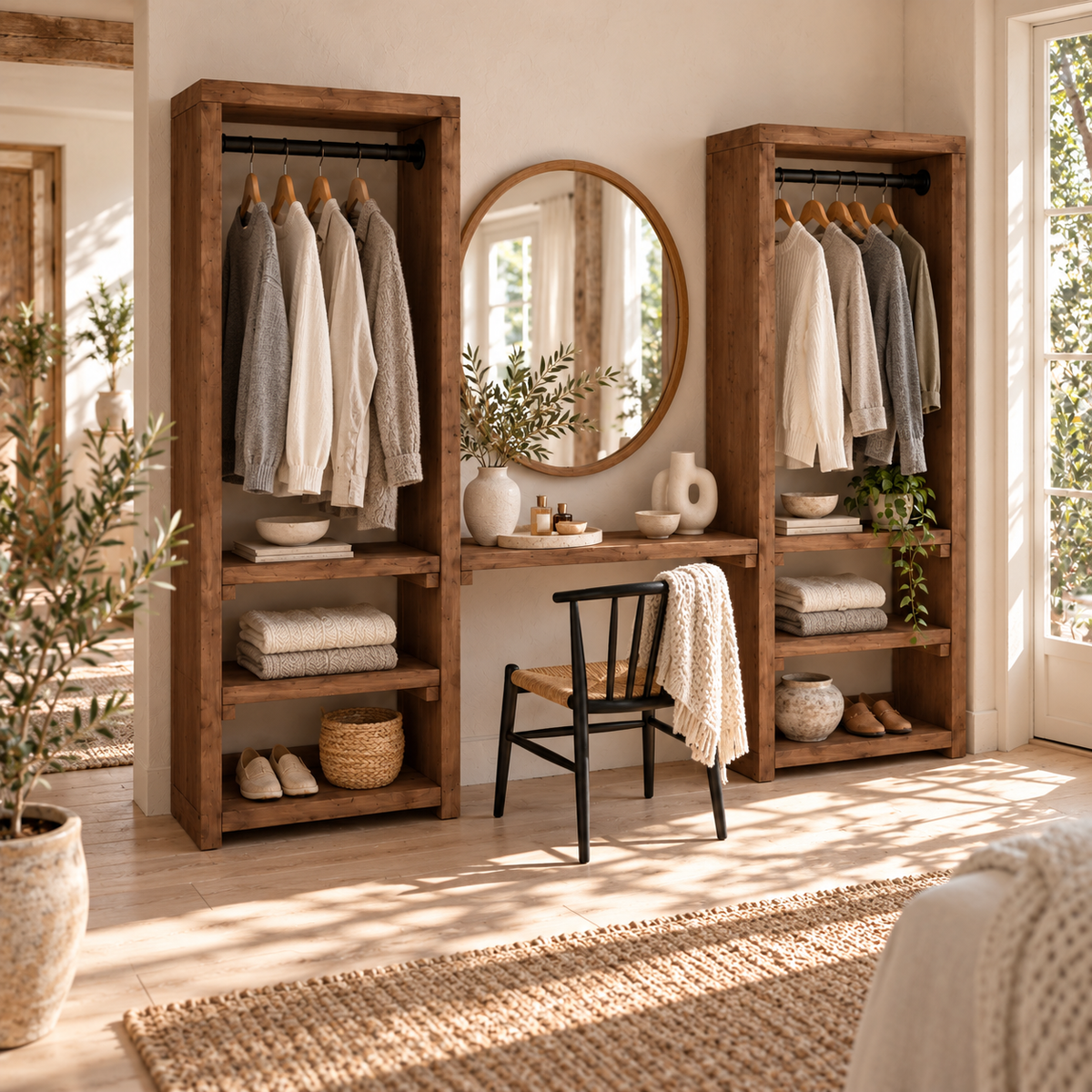 KENSWORTH Walnut Colour Solid Wood Wardrobe With Make Up Table – Open Wardrobe, Dressing Table