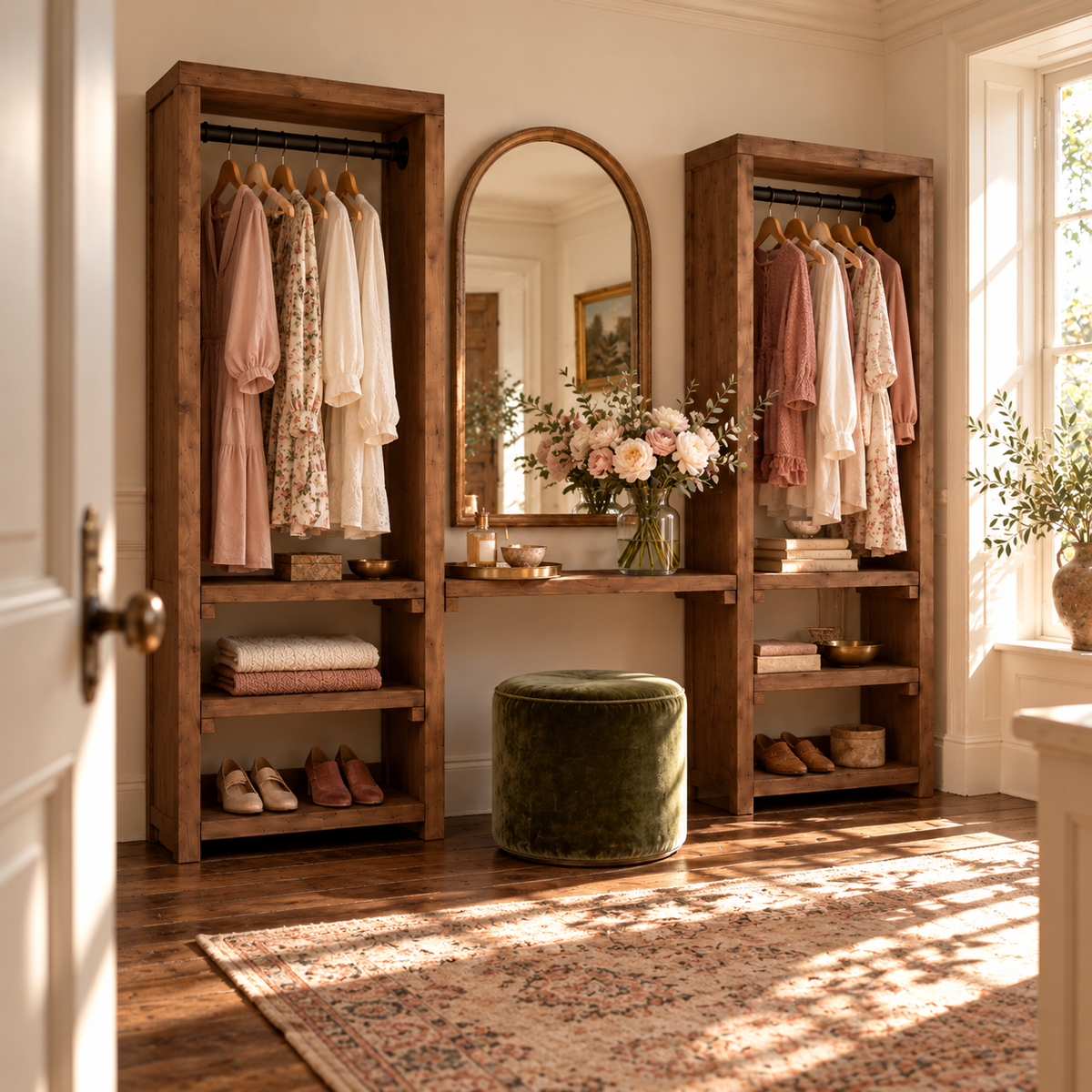 KENSWORTH Walnut Colour Solid Wood Wardrobe With Make Up Table – Open Wardrobe, Dressing Table