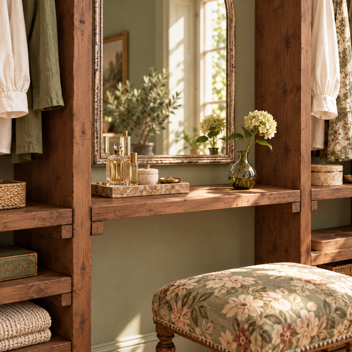 KENSWORTH Walnut Colour Solid Wood Wardrobe With Make Up Table – Open Wardrobe, Dressing Table
