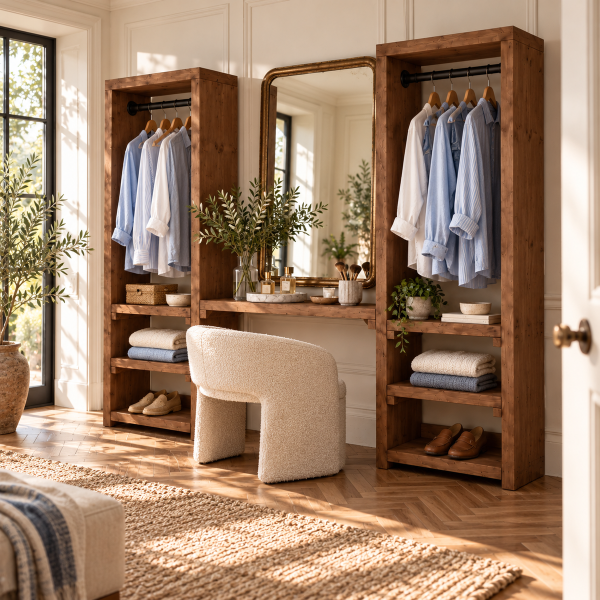 KENSWORTH Walnut Colour Solid Wood Wardrobe With Make Up Table – Open Wardrobe, Dressing Table