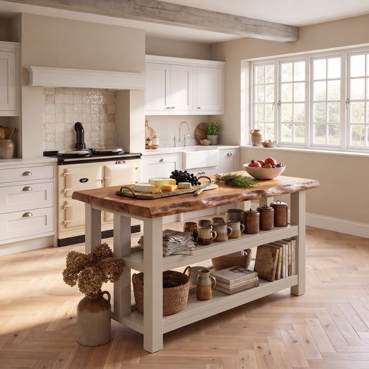 KINGSLEY Cashmere Live Edge Kitchen Island Solid Wood With Shelf / Breakfast Bar