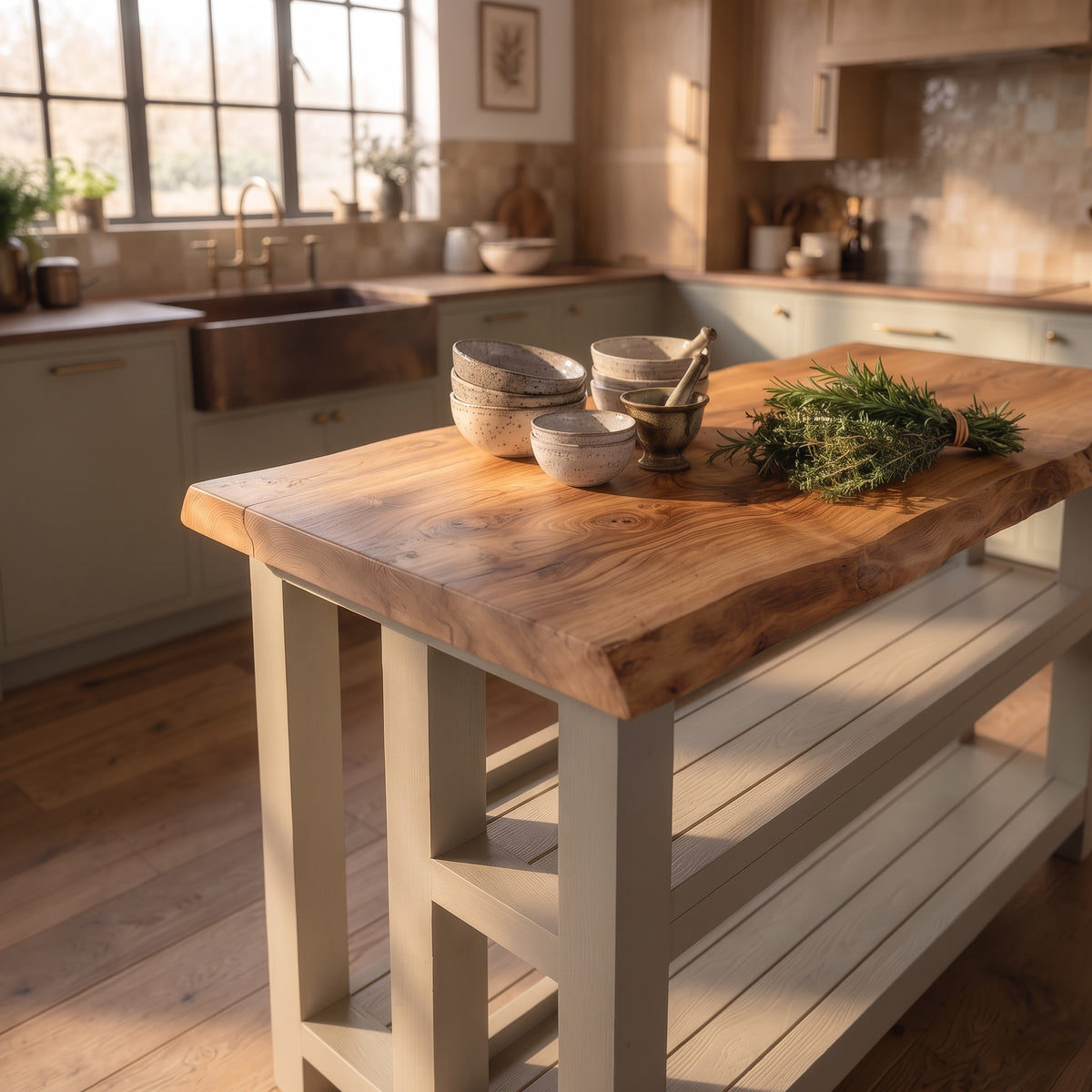 KINGSLEY Cashmere Live Edge Kitchen Island Solid Wood With Shelf / Breakfast Bar
