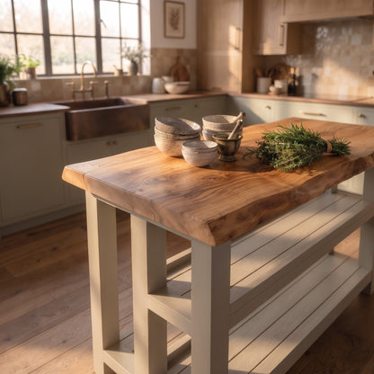 KINGSLEY Cashmere Live Edge Kitchen Island Solid Wood With Shelf / Breakfast Bar
