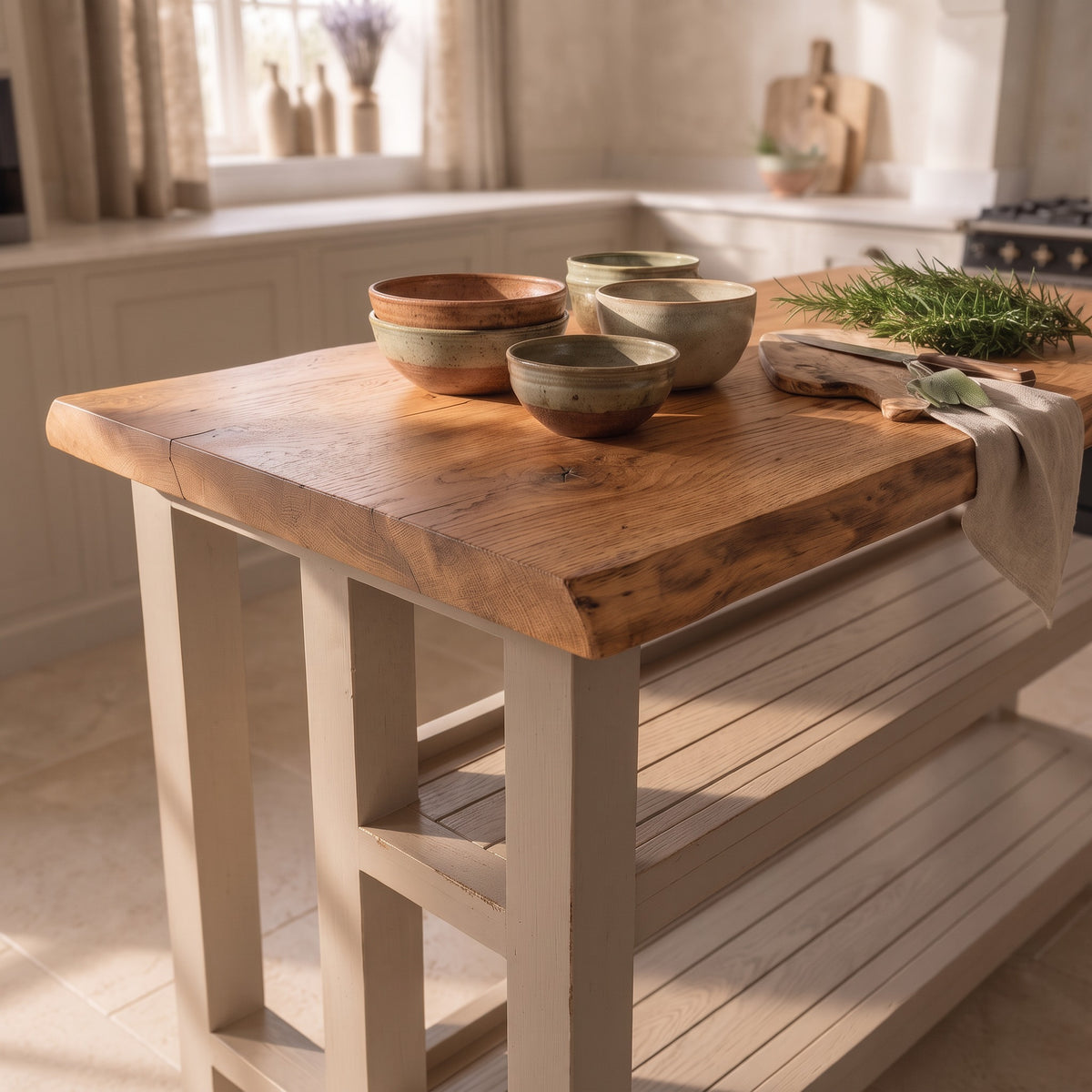 KINGSLEY Cashmere Live Edge Kitchen Island Solid Wood With Shelf / Breakfast Bar