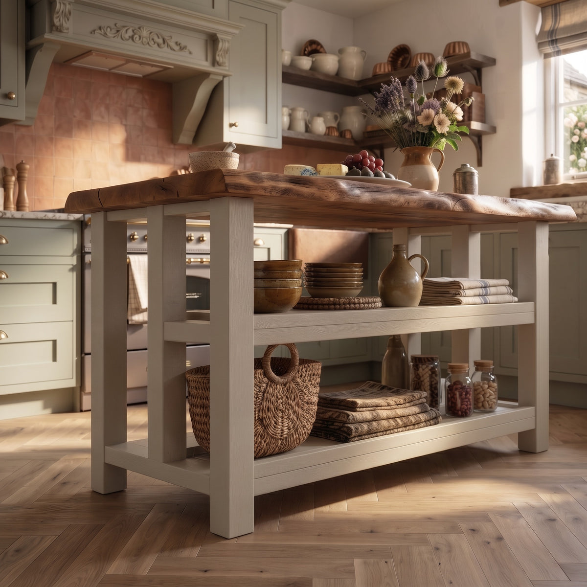 KINGSLEY Cashmere Live Edge Kitchen Island Solid Wood With Shelf / Breakfast Bar