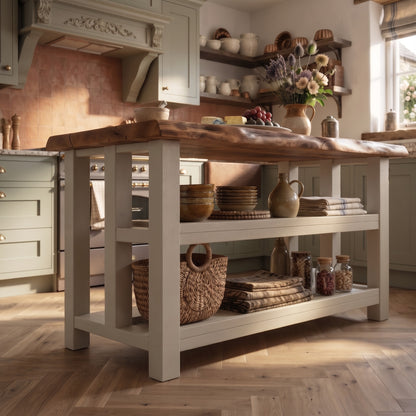 KINGSLEY Cashmere Live Edge Kitchen Island Solid Wood With Shelf / Breakfast Bar