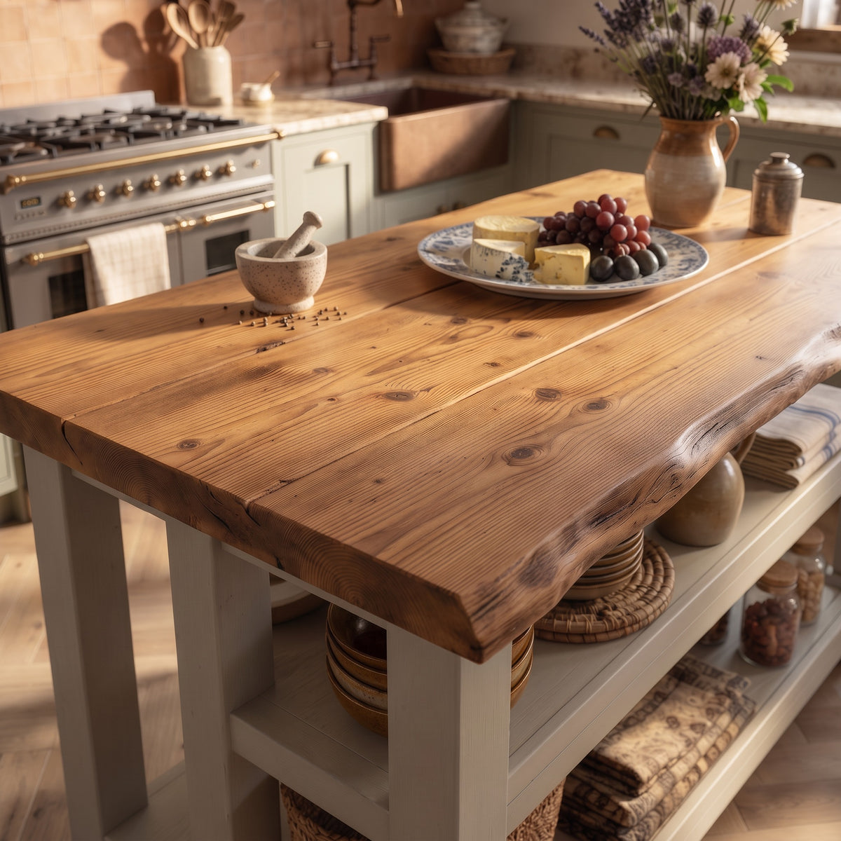 KINGSLEY Cashmere Live Edge Kitchen Island Solid Wood With Shelf / Breakfast Bar