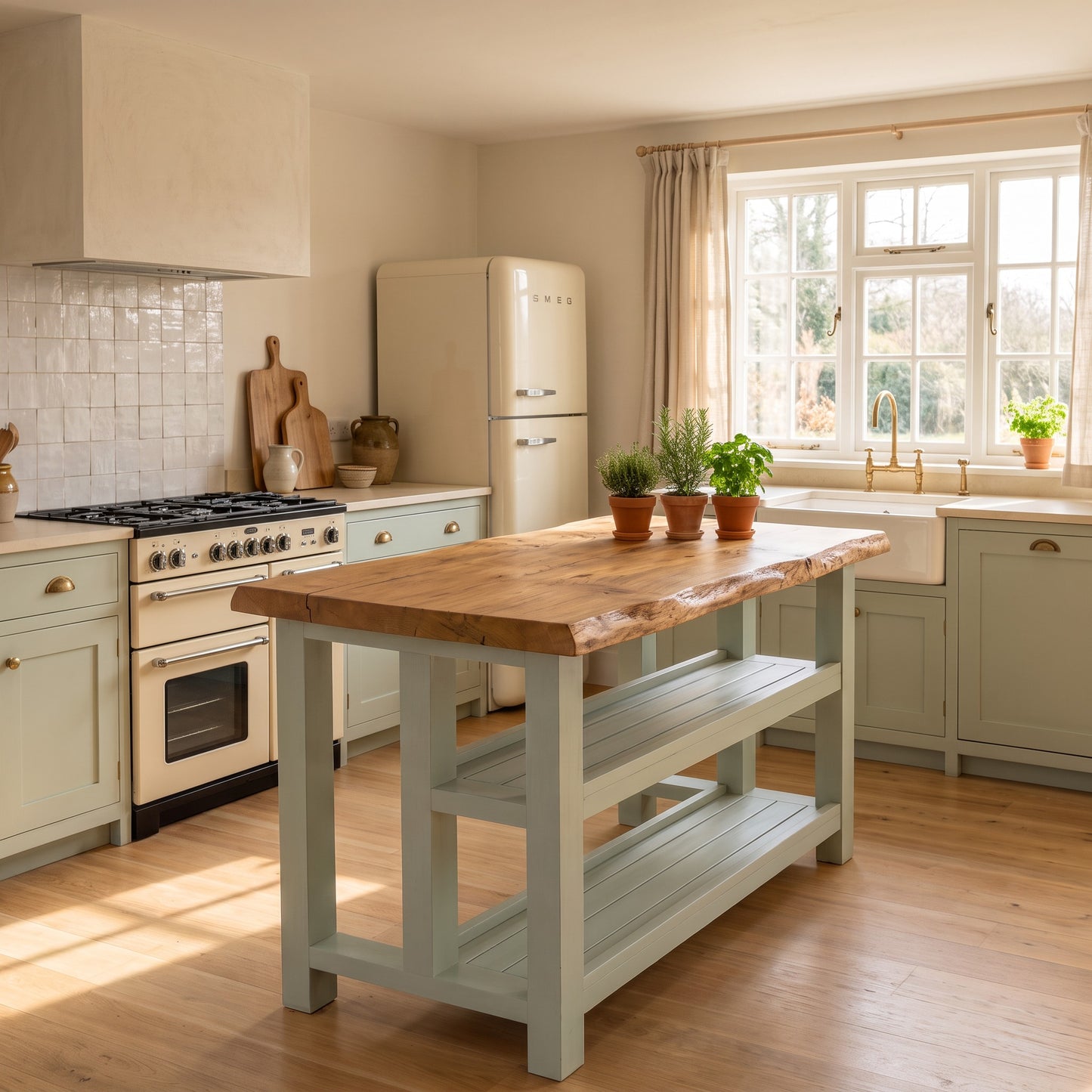 KINGSLEY Light Green Live Edge Kitchen Island Solid Wood With Shelf / Breakfast Bar