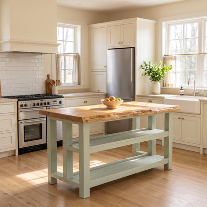 KINGSLEY Light Green Live Edge Kitchen Island Solid Wood With Shelf / Breakfast Bar